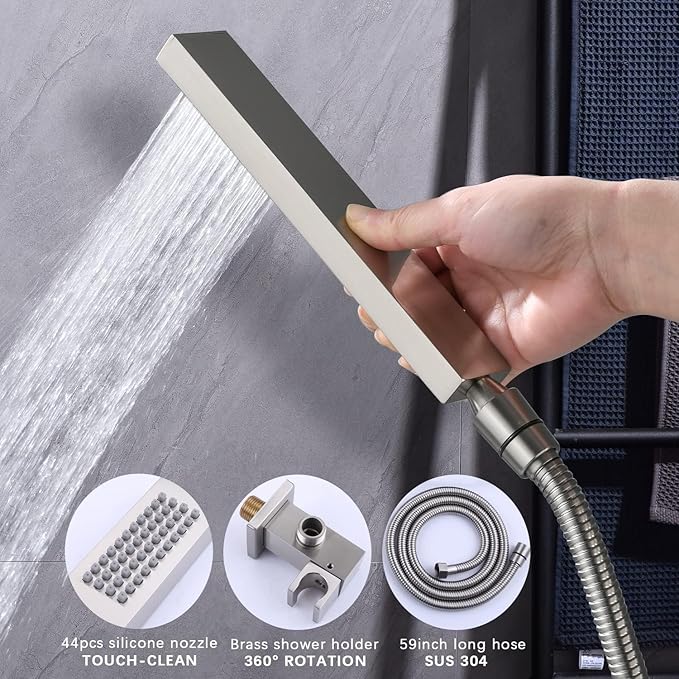 Shower System Brushed Nickel Shower Faucet Set 12 Inch Ceiling Mounted Full Body Shower System with Body Jets, Handheld Spray, Digital Temperature Display Shower Valve