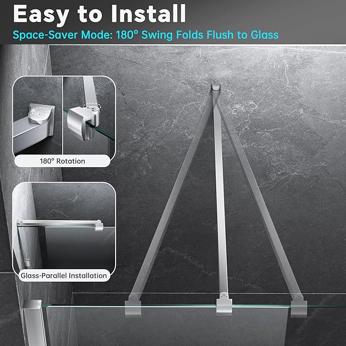 Frameless Shower Door Support Bar, Stainless Steel Wall-to-Glass Support Arm to Fixed Shower Glass Panel, for 1/4"-3/8" (6-10 mm) Door, 180° Pivot & Stow-Flat Mode (Brushed Nickel, 27.6-inch(700mm))