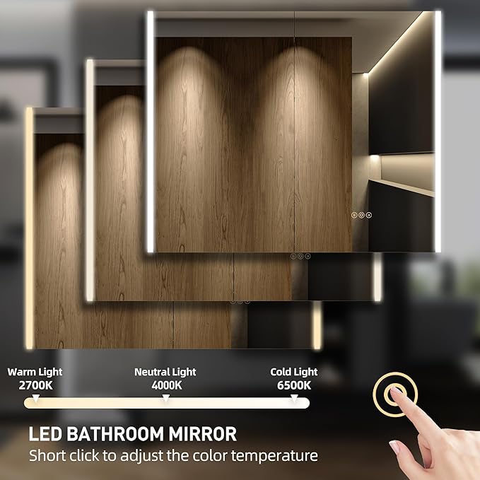 Medicine Cabinet with LED Lights and Mirror, 36 x 32 Inch Surface or Recessed Mounted Bathroom Cabinets with Door, Defogger, Memory Function, 3-Color Mode, Outlet&USB, Dimmer, Storage Shelf