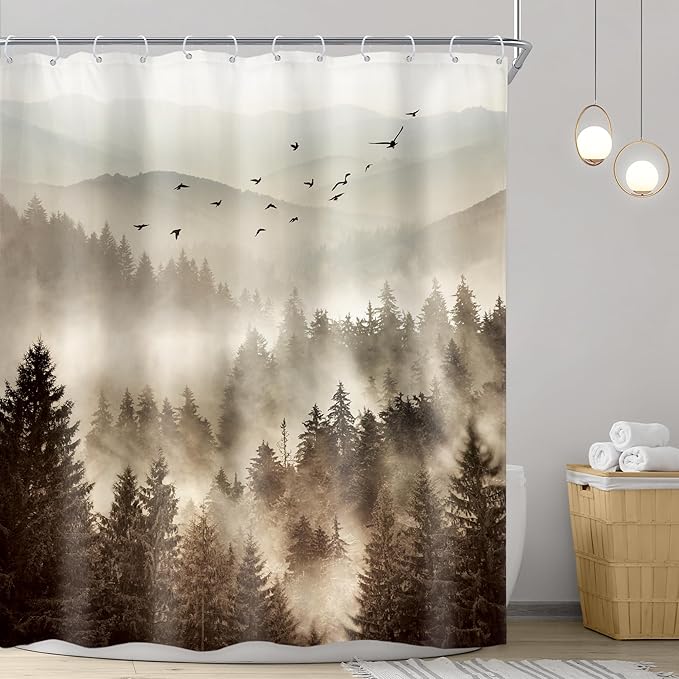 Riyidecor Foggy Mountain Shower Curtain 60Wx72H Inch Nature Rustic Woodland Scenery Tree Alpine Landscape Natural Abstract Modern Scene Bathroom Decor Fabric Polyester Waterproof 12 Pack Hooks