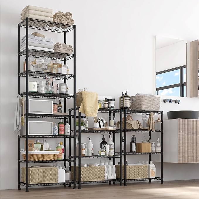 8 Tier Storage Racks Shelving, Heavy Steel Pantry Shelves, Adjustable Wire Shelving Rack, Suitable for Garage, Kitchen, Bathroom, Office, 24" W x 14" D x 80" H, Black