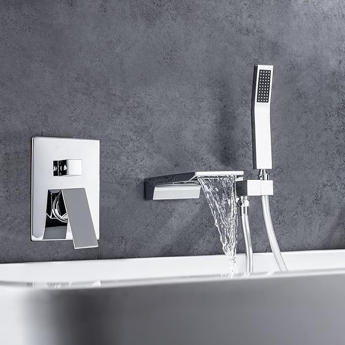 Wall Mount Waterfall Tub Faucet Single Handle Bathroom Bathtub Faucet Waterfall Roman Tub Filler Faucet Wall Mount Bathtub Faucets with Hand Shower, Chrome