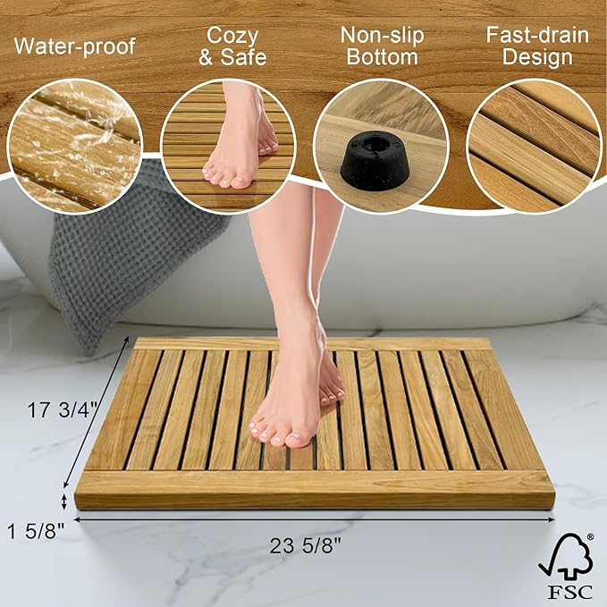 StrongTek 24 inch Teak Shower Mat, Water-Resistant, Non-Slip, Easy-to-Clean Bath Mat for Safety and Durability, Ideal for Bathrooms, Saunas, Spas, and Outdoor Use