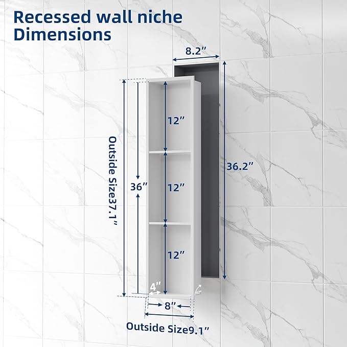 Neodrain 8X36 Inch White Three Layers Stainless Steel Shower Niche, NO Tile Needed Recessed Niche Shelf for Bathroom Storage, 3-Tier Recessed Built-in Wall Niche