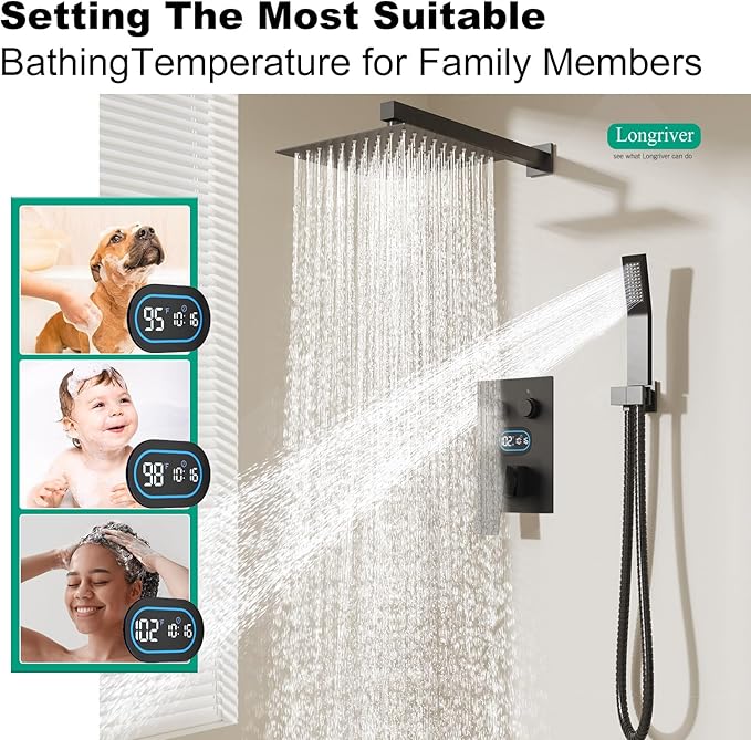Push Button Diverter Shower Faucet Set, Hydro Power Temperature Display, Shower System 10 Inch Shower Head with Handheld Spray, Wall Mounted Shower Fixtures with Shower Valve and Trim Kit, Matte Black
