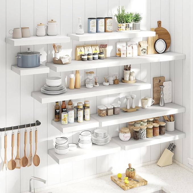 16 Inch Floating Shelves for Wall Set of 2, 12"D Wood Grain Bathroom Shelves with Invisible Brackets, Easy Install Engineered Wood Storage Shelves for Kitchen, Living Room, Bedroom, White Finish