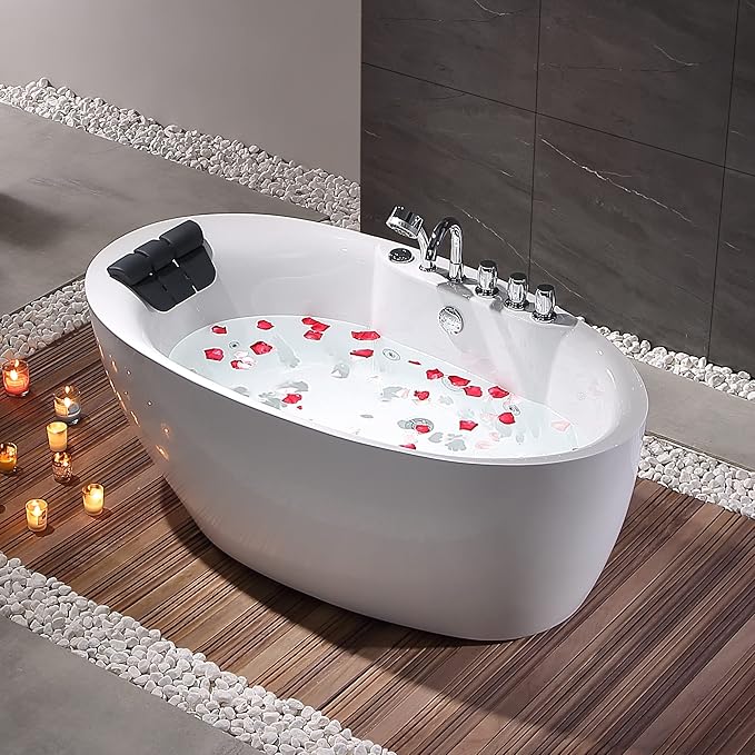 Empava 71 inch Acrylic Freestanding Tub Hydromassage Gracefully Oval Shaped Whirlpool 7 Water Jets Soaking SPA, Double-Ended Massage Bathtub with Black Pillow, Boat Shape,ETL Certified