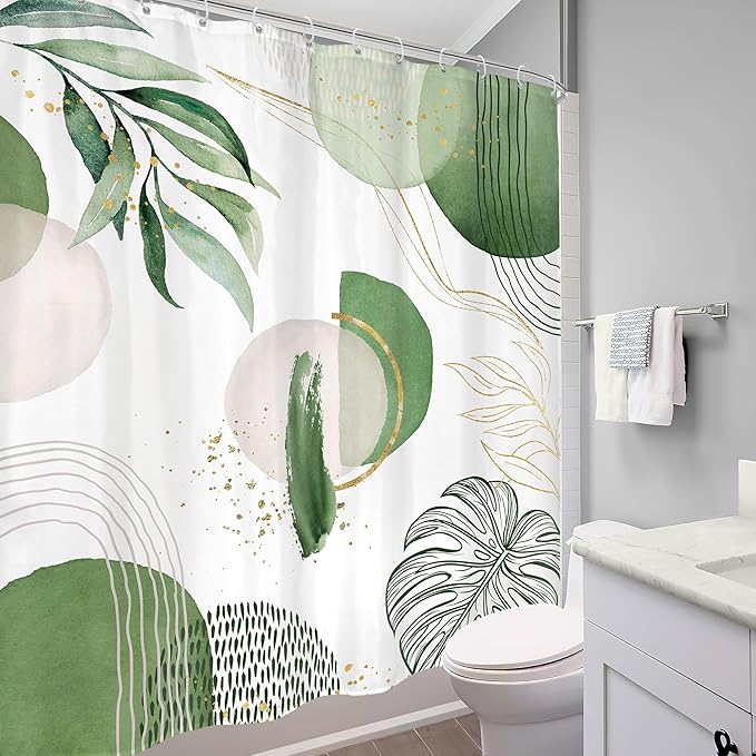 Green Boho Shower Curtain 60Wx72H Bohemian Mid Century Modern Abstract Palm Leaves Tropical Gold Olive Geometric Plant Bathroom Decor Minimalist Bath Curtain Fabric Polyester 12 Pack Hooks