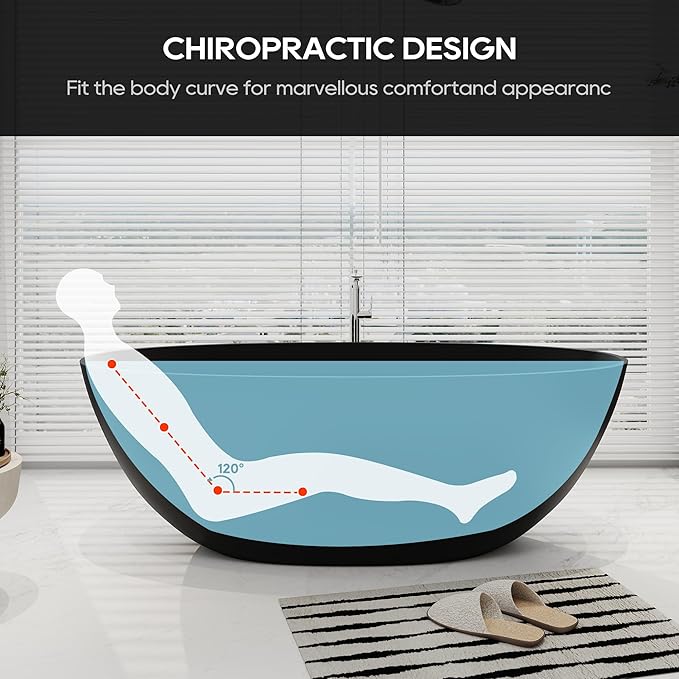 SJ STAR&JANE 65" Solid Surface Freestanding Bathtub, Oval Soaking Stone Resin Tub Stand Alone Tub with Overflow and Pop-up Drain for Bathroom Matte Black
