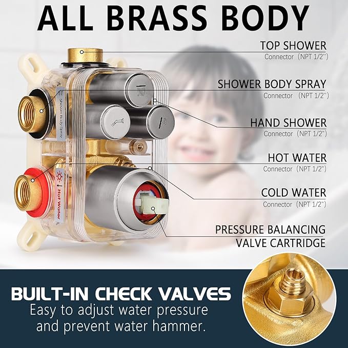 Shower Faucet Set Rainfall Shower System Push Button Diverter Shower Faucet with 4 in 1 Handheld, Ceiling Mount 12 Inch Shower Head and 6 Inch Wall Mount Shower Head