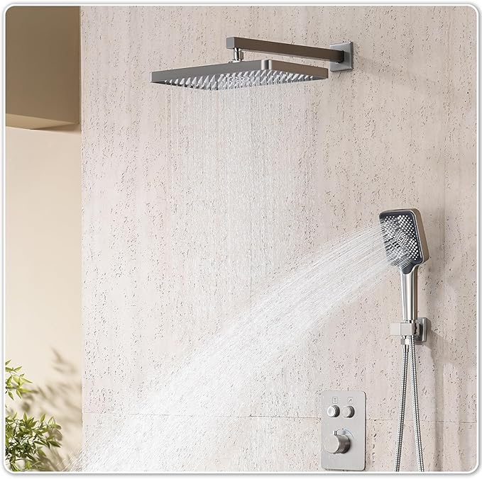 Thermostatic Shower Valve/System 12 inches Nickel Brass Faucet Set With Diverter/Mixer With Handheld Rain Head High Pressure Modern Rainfall