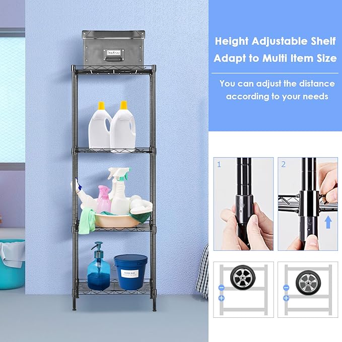 BNSPLY 4 Tier Wire Shelving Unit, Height Adjustable Wire Shelves, Metal Storage Rack Organizer for Laundry, Kitchen, Bathroom, Pantry, Closet (11.8" D x 17.7" W x 49.6" H, Black)