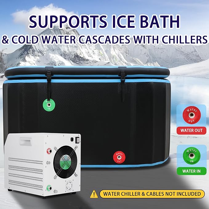 Cold Plunge Tub Inflatable Ice Bath Tub With Cover for Athletes Portable & XXL Size Black, Water Chiller Compatible (Black-Elongated)