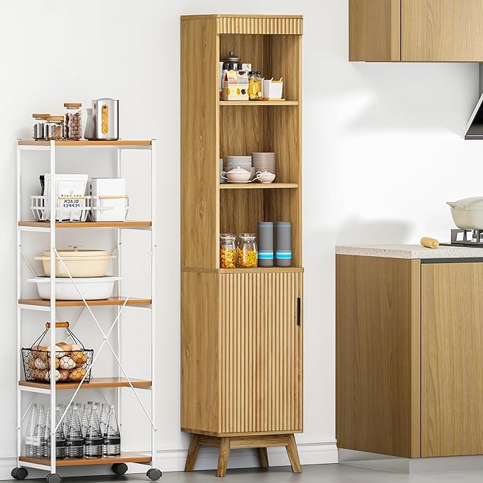 68" Tall Bathroom Storage Cabinet,Narrow Fluted Tower Cabinet with Door and Shelves,Slim Space Saving Storage Unit for Bathroom Kitchen Living Room (Natural, 11.8" D x 15.75" W x 68" H)
