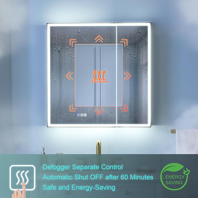 WELLFOR 30" X 30" LED Mirrored Medicine Cabinet, Medicine Cabinets with Lights for Bathroom, Defogging Function Mirror Cabinet, Bathroom Medicine Cabinet with USB Port & Outlet, Double Doors
