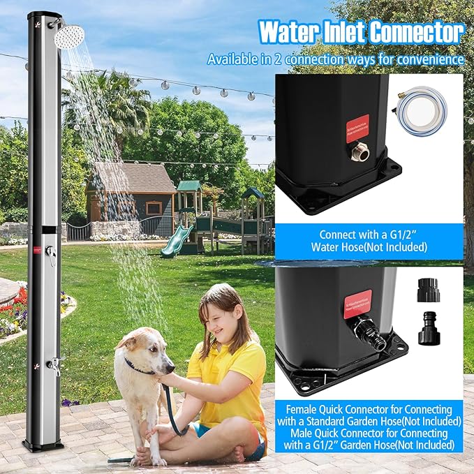 Goplus 9.3 Gallon Solar Heated Outdoor Shower, 7.2 FT Freestanding Garden Shower with 360° Swivel Shower Head, Foot Shower & Temperature Adjustment, for Poolside Backyard Beach (Silver)