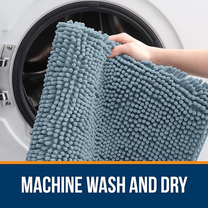 OLANLY Bathroom Rugs Sets 2 Piece, Soft Absorbent Chenille Bath Mats and U-Shaped Contour Toilet Mat Area Rug Set, Machine Washable Bath Carpet, Home Decor Accessories(30"x20"+24"x20", Airy Blue)