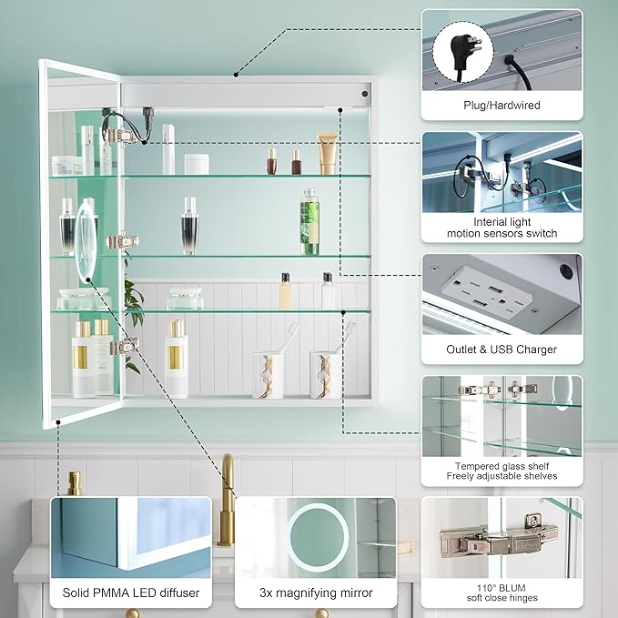 WELLFOR 24" X 30" Medicine Cabinet With Lights, 3X Magnification, Anti-Fog Mirrored Cabinet, Bathroom Vanity With Outlets & USB Ports, Left Opening Door