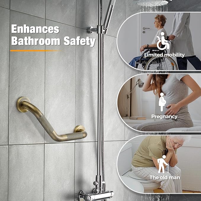 Grab Bars for Bathtubs and Showers- 1-1/4 x 16 Angled Shower Grab Bar for Seniors Knurled Stainless Steel Handicap Grab Bars for Wall (Antique Bronze, 2 Pack)
