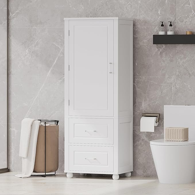 Tall Bathroom Storage Cabinet with Door and Shelves, Kitchen Pantry Linen with 2 Drawers for Home, Living Room, Dining Room, White