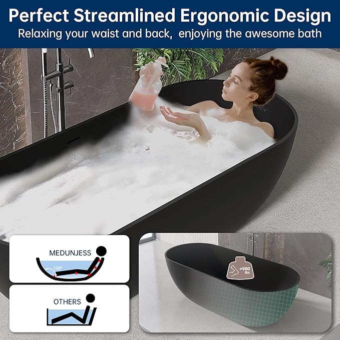 69" Stone Resin Freestanding Bathtub, Oval Solid Surface Bathroom Freestanding Tub, Thin Edge Stand Alone Tub with Integrated Slotted Overflow and Pop-up Drain, Matte Black AFS307-1750