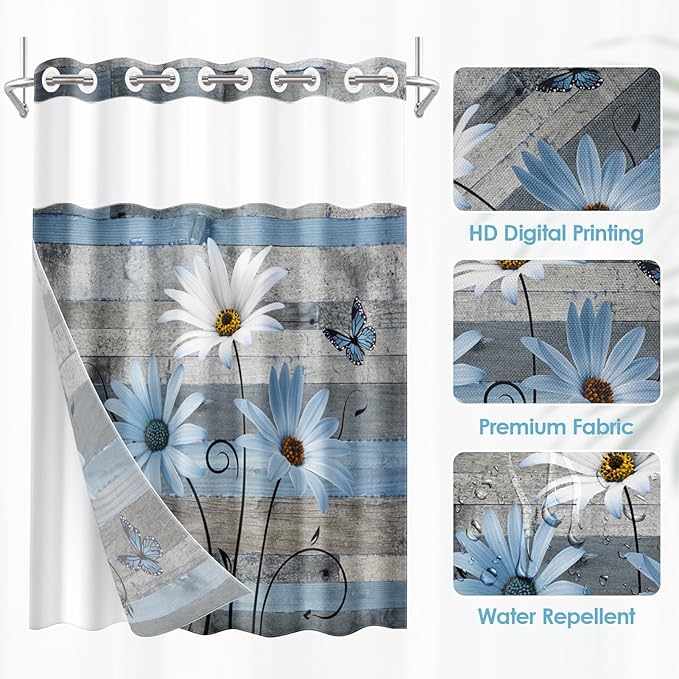 No Hook Blue Daisy and Butterfly Shower Curtain with Snap in Fabric Liner Set, Rustic Farmhouse Double Layers Waterproof Fabric with See Through Top Window Open Grommet Bath Curtain 54x80 Inch