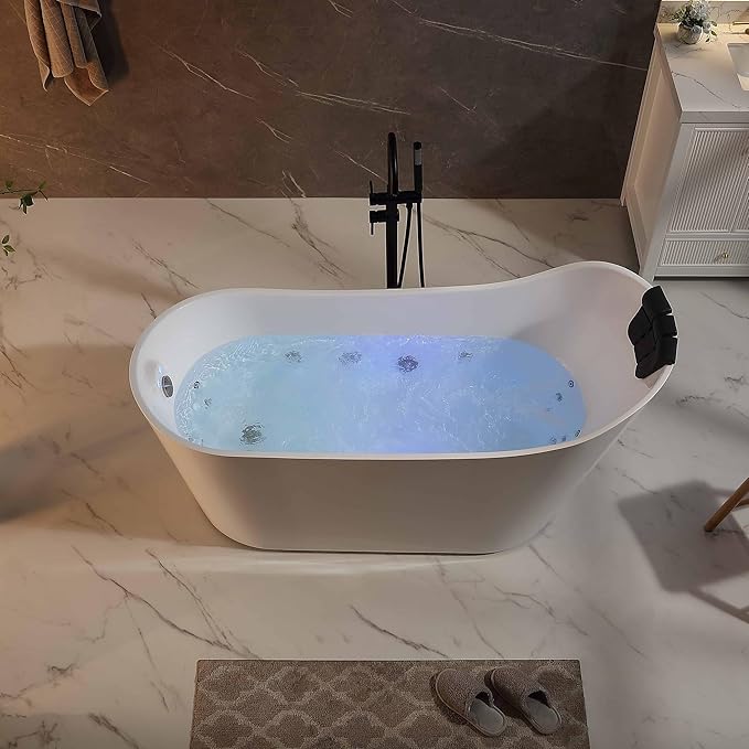 Empava Update Acrylic Whirlpool Bathtub, 67-Inch Freestanding Gracefully Oval Shaped Jetted Bathtub with Healing Chromotherapy, 16 Hydromassage Jets, Single-Ended Bathtubs with Pillow, No faucet