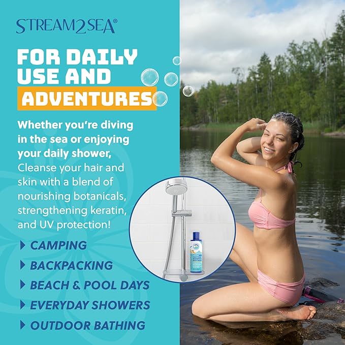 Non Toxic Shampoo and Conditioner, Body Wash 3 in 1 for Swim - Reef Safe Swimmers Shampoo for Men, Women Kids - All Natural Organic Shampoo Conditioner, Biodegradable Soap Camping Travel Size 1.69oz