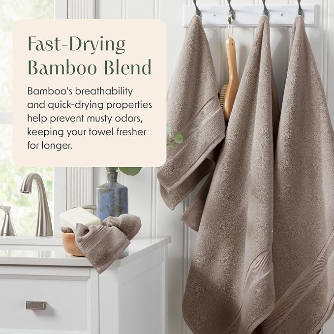Springtree Home Luxury Bamboo Rayon Bath Towel Set of 4 | 35% Bamboo Rayon - 65% Cotton | Absorbent Quick-Dry Towels for Bathroom | Oeko-TEX Standard 100 Cotton | Cobblestone