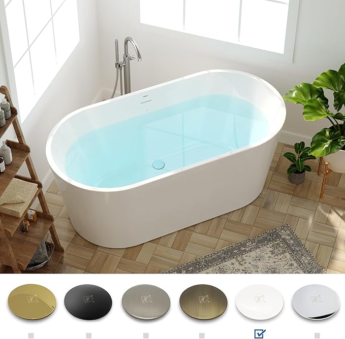 FerdY Shangri-La 59" Acrylic Freestanding Bathtub, Gracefully Shaped Soaking Bathtub, Glossy White, cUPC Certified, Polishe White Drain & Minimalist Linear Design Overflow Included, 02522