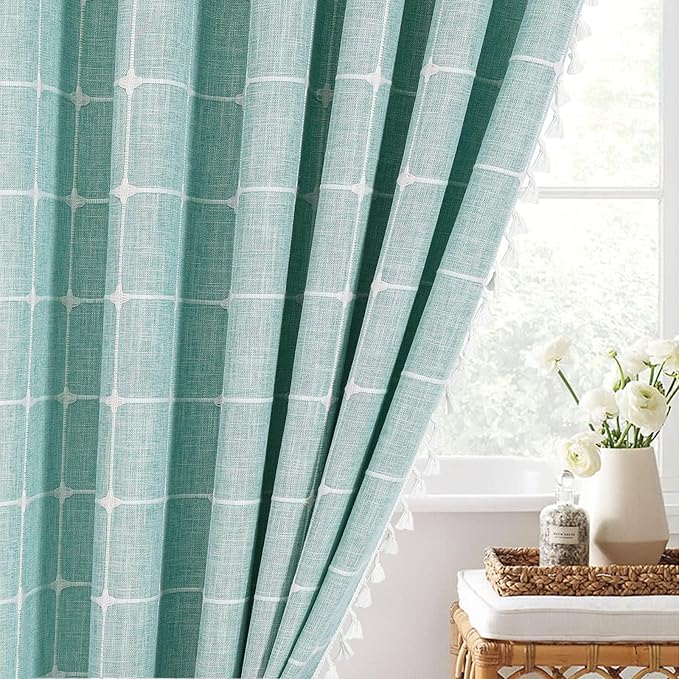 MitoVilla Teal Blue 72 x 78 Farmhouse Shower Curtain, Turquoise Boho 78 inch Long Polyester Linen Tassel Fabric Shower Curtain Set for Chic Cottagecore French Rustic Bathroom Decor
