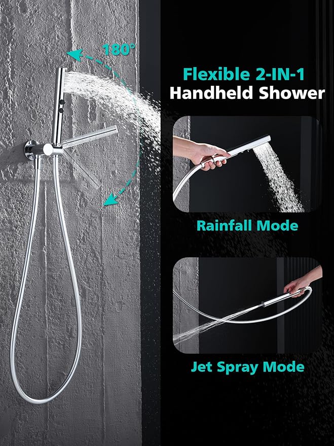 Lefton Shower System in Fahrenheit Display (Battery-free), 13” Overhead Round Rainfall Shower Head with All-in-one Handheld Spray Showerhead, 4-in-1 Control System, SSWM2501 (Chrome)