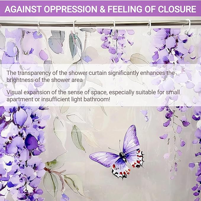 Clear Purple Floral Lavender Butterfly Shower Curtain, Plastic Transparent Cute Pretty Flower Decorative Aesthetic Shower Curtains for Bathroom, 72x72 Weighted Magnetic Shower Curtain Liner with Hooks