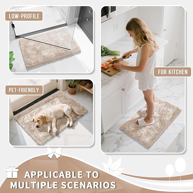 Yimobra Long Bathroom Rugs Runner 70x24 Inch, Extra Thick Soft Absorbent Chenille Bath Mat, Non Slip Machine Washable, Quick Dry Bath Rugs for Bathroom Floor, Tub and Shower, Khaki
