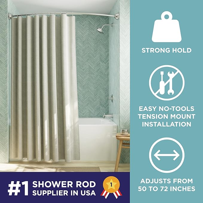 Zenna Home Curved Shower Curtain Rod, No Drill, 50-72 Inch Adjustable Tension Shower Rod for Bathroom, Rustproof, 1-Inch Diameter, Non Slip, Easy Install, Adds Space in Shower, Chrome