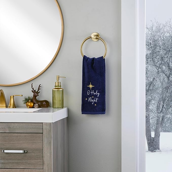 SKL Home Religious/Christmas/Winter O Holy Night Hand Towel 2pc Set for Bath/Kitchen & Gift, Navy