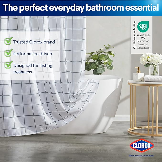CLOROX Bathroom Waffle Windowpane Pattern Shower Curtain with Waterproof Lightweight PEVA Liner Set, Standard Size, Metal Grommets, No Hooks 72" x 72" - 2 Pc Set - Grey w Frosty PEVA