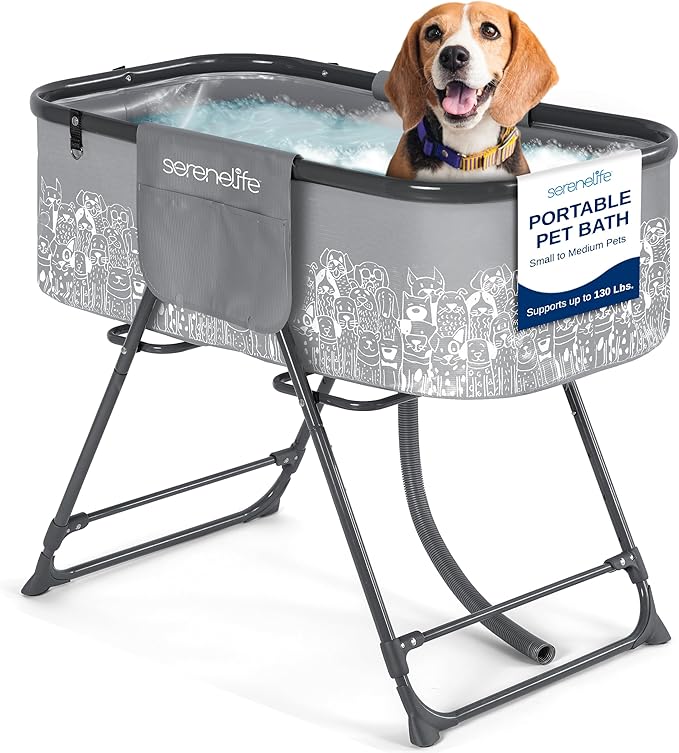 SereneLife Portable Dog Bath Tub with Drain, Foldable Indoor Outdoor Dog Tubs for Bathing and Grooming with Pockets & Leash Restraint, Collapsible Design, Supports Pets Up to 130 lbs