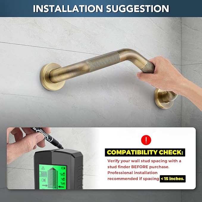 Grab Bars for Bathtubs and Showers- 1-1/4 x 16 Angled Shower Grab Bar for Seniors Knurled Stainless Steel Handicap Grab Bars for Wall (Antique Bronze, 1 Pack)
