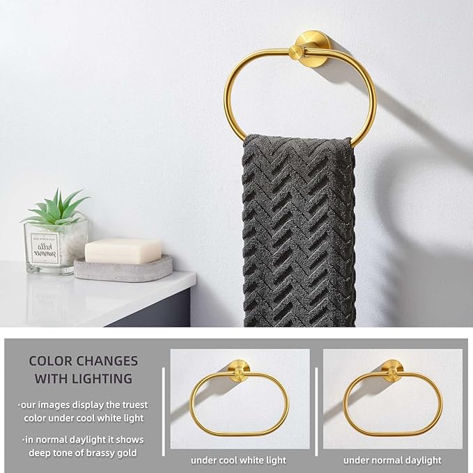 Angle Simple Towel Ring Brassy Gold, SUS 304 Stainless Steel Swivel Hand Towel Holder for Bathroom Wall Mount