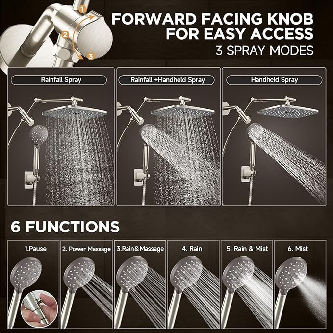 Veken Wide Brushed Nickel Rain Shower Head with Handheld, High Pressure Rainfall Showerhead Combo with Arm for Bathroom Accessories, Home Decor, Detachable Dual Shower with Multi Modes Handheld Spray