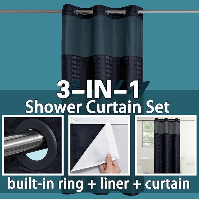 Conbo Mio Stall No Hook Shower Curtain with Snap in Liner Set, Hotel Luxury Black Shower Curtains for Bathroom with See Through Top Window, Waterproof, Washable 36W x 74H