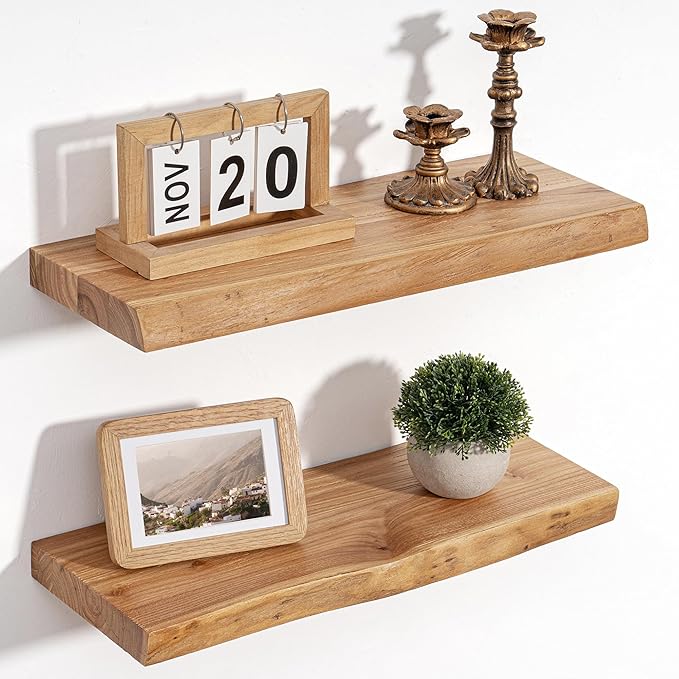Floating Shelves for Wall Decor, Rustic Solid Elm Wood Live Edge Floating Shelves Wall Mounted, Wall Shelves with Invisible Bracket for Living Room Bathroom Bedroom Kitchen, 20 Inch Set of 2, Natural