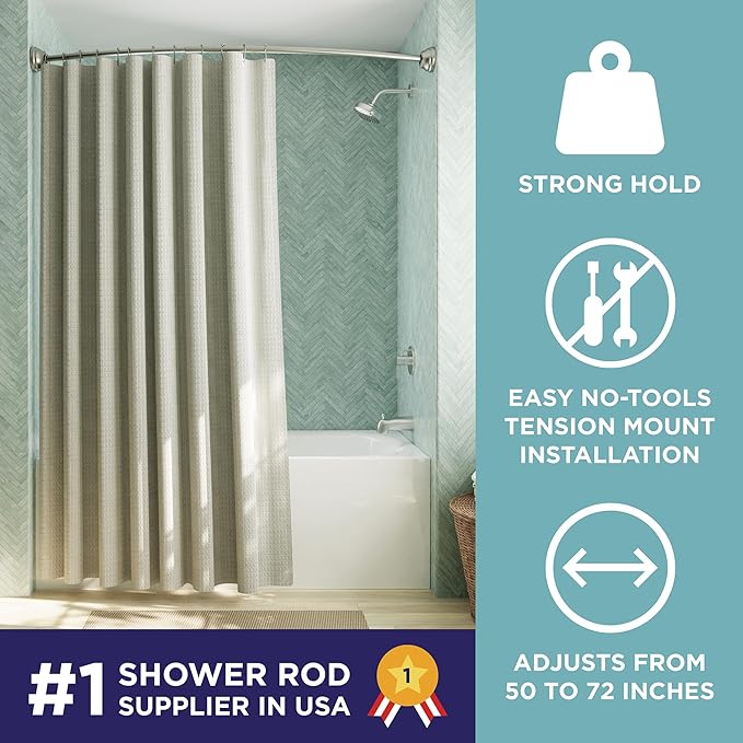 Zenna Home Curved Shower Curtain Rod, No Drill, 50-72 Inch Adjustable Tension Shower Rod for Bathroom, Rustproof, 1-Inch Diameter, Non Slip, Easy Install, Adds Space in Shower, Satin Nickel