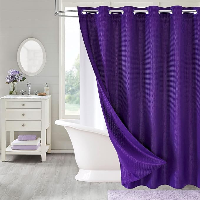 MitoVilla Extra Long Shower Curtain Liner Set, Purple 86 inch XL Waffle Fabric Shower Curtains with Snap-in Liner for Luxury Hotel Grade & Spa-Like Bathroom Decor, No Hooks Needed