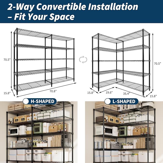 5-Tier Metal Storage Shelves, Adjustable Wire Shelving Unit for Garage, Pantry, Basement & Kitchen, Heavy-Duty Shelf Organizer with Double-Row Design, 70.8" w x 15.8" d x 70.5" h, 265 Lbs Per Tier