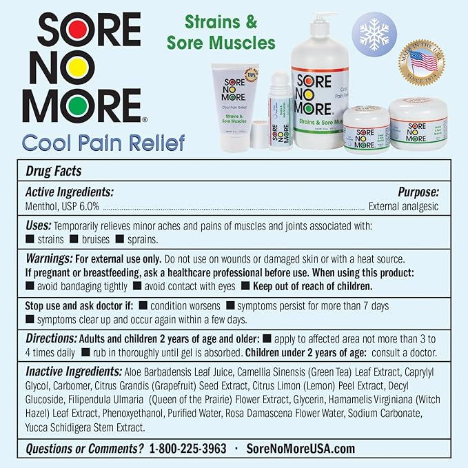 Sore No More Cool Relieving Gel for Aches & Pains in Muscles & Joints associated with Strains, Bruises & Sprains | Absorbs Quickly with a Refreshing Lemon Aroma | 8 oz Jar