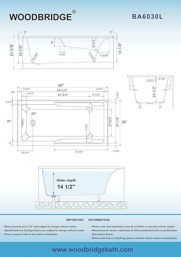 WOODBRIDGE 60" Acrylic Rectangular Alcove Soaking Bathtub in White with Left Drain, Brushed Nickel pop-UP Drain Included BA6030L