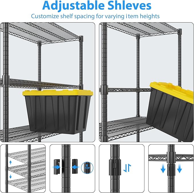 Homdox Heavy Duty Storage Shelves, 5 Tier Wire Shelving Unit with Wheels, Commercial Adjustable Metal Shelves for Storage, Garage Rack Pantry Shelves Kitchen Shelving, 24"x48"x82", Black