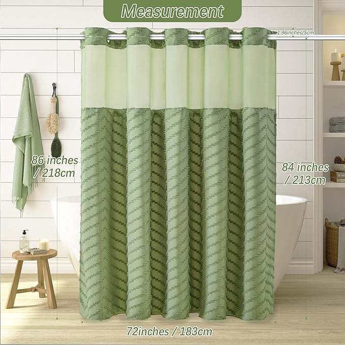 Long No Hook Tufted Chevron Striped Shower Curtain with Snap-in PEVA Liner Set - 72" x 86", Hotel Style with See Through Top Window, Sage Green Water Repellent Fabric Shower Curtain